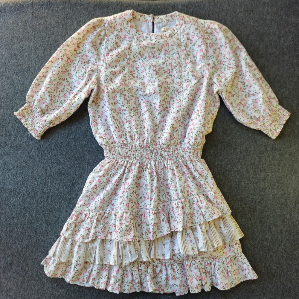 Chelsea & Violet Linen Dress Medium Cottage Floral Ruffle Smocked EUC Coquette